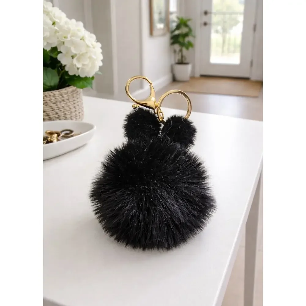 Black Furry Bunny Ears Pom Pom Bag Charm Key Ring